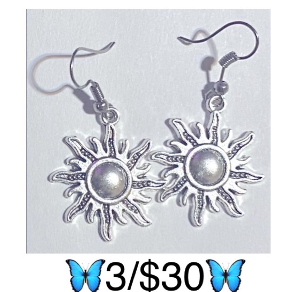 Handmade Celestial Dangling Sun Earrings in “Antique Silver” Tone
